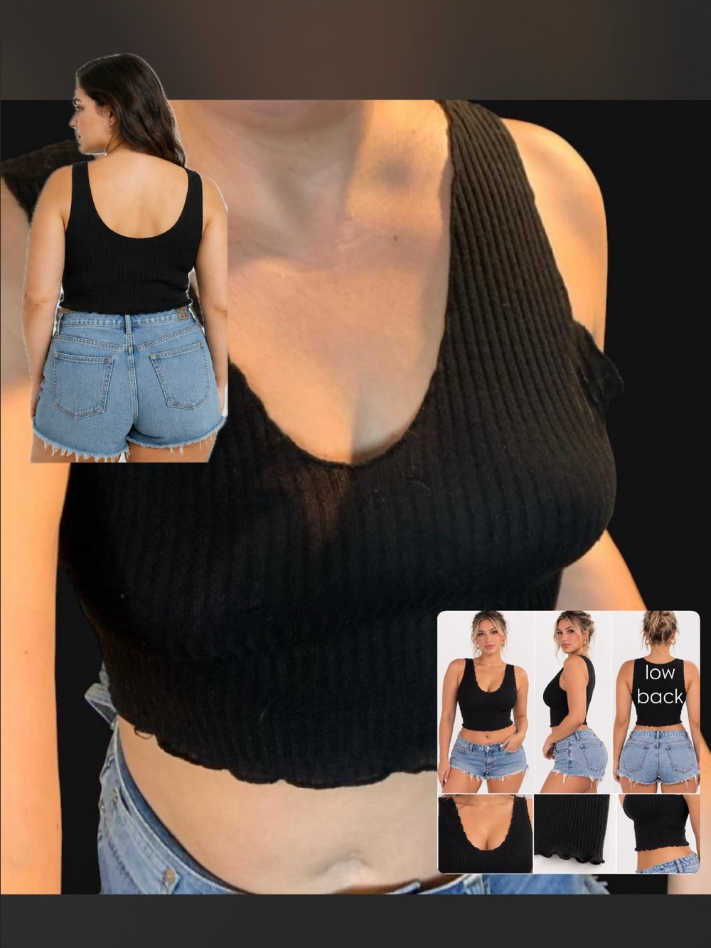 Women's Ribbed Scoop Neck Cropped Tank Top - Black